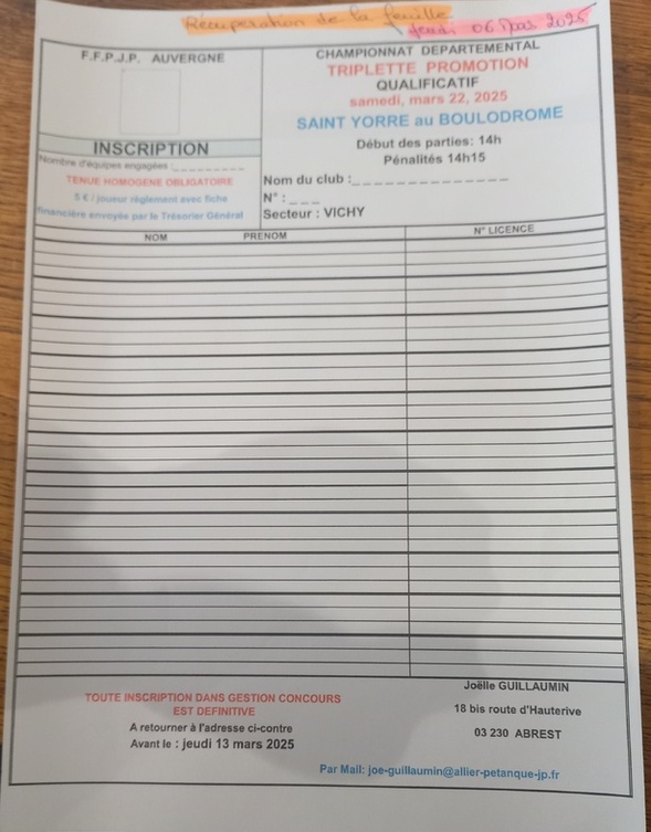 INSCRIPTIONS DES LICENCIÉS AUX DIVERS CHAMPIONNATS D'ALLIER