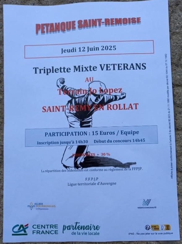 CONCOURS TRIPLETTE MIXTE VÉTÉRAN DU JEUDI 12 JUIN CONCOURS TRIPLETTE MIXTE VÉTÉRAN DU JEUDI 12 JUIN