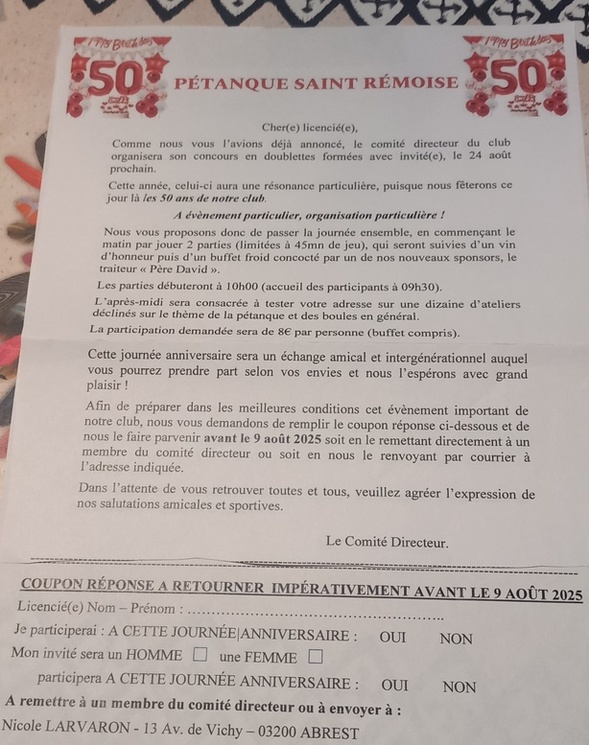 INSCRIPTIONS A LA JOURNÉE DES 50 ANS DU CLUB - 24 AOÛT 2025 INSCRIPTIONS A LA JOURNÉE DES 50 ANS DU CLUB - 24 AOÛT 2025