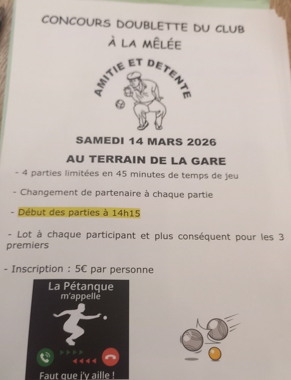 CONCOURS DOUBLETTE  DU CLUB A LA MÊLÉE DU SAMEDI 14 MARS 2026