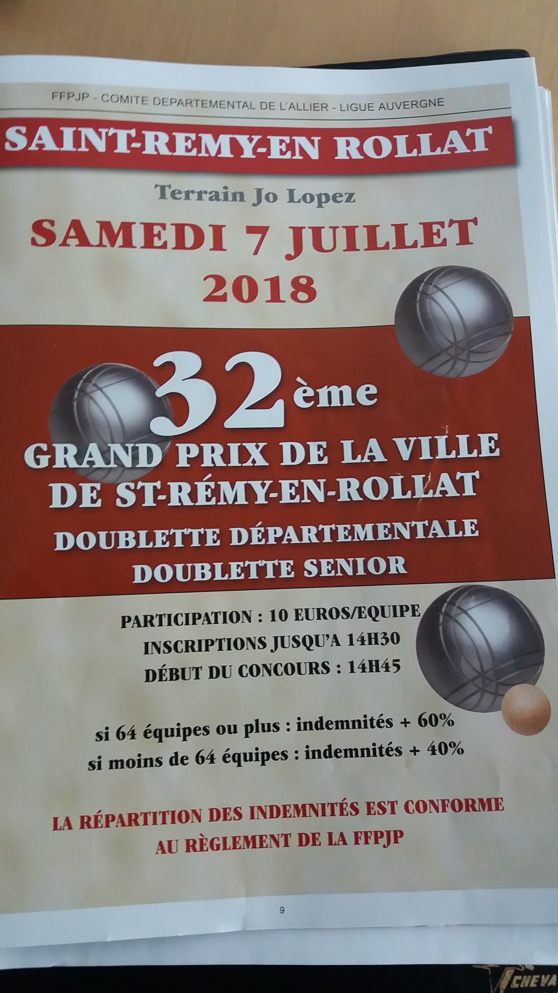 32ème GRAND PRIX DE LA VILLE DE SAINT REMY EN ROLLAT - DOUBLETTE DEPARTEMENTAL - SAMEDI 7 JUILLET 2018