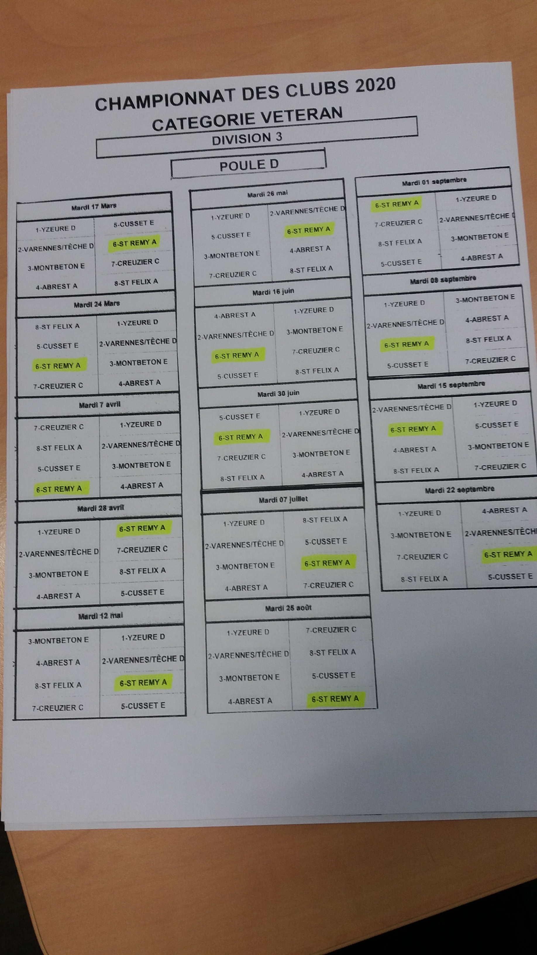 CHAMPIONNATS DES CLUBS - DATE DES RENCONTRES DE NOS 2 EQUIPES ENGAGEES