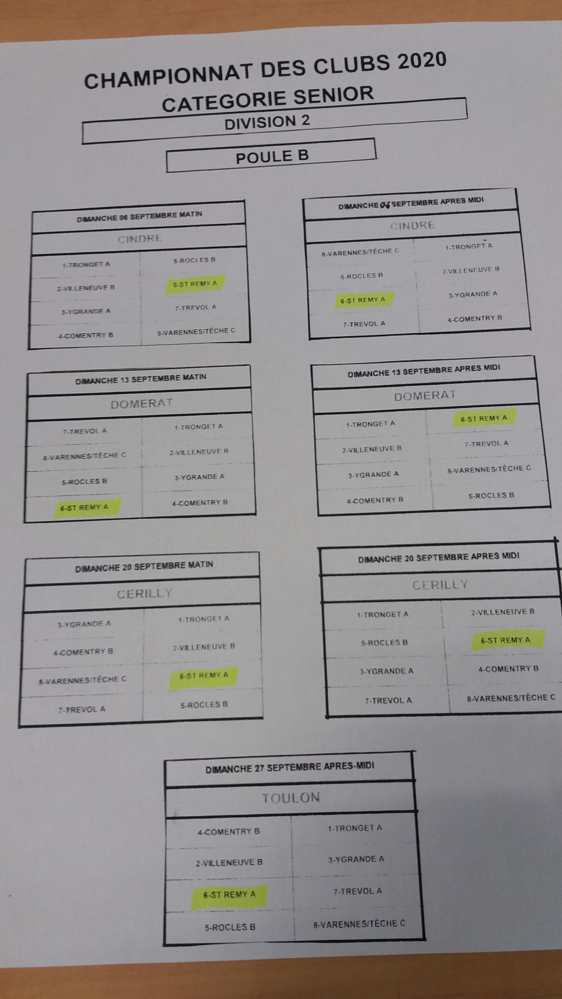 CHAMPIONNATS DES CLUBS - DATE DES RENCONTRES DE NOS 2 EQUIPES ENGAGEES