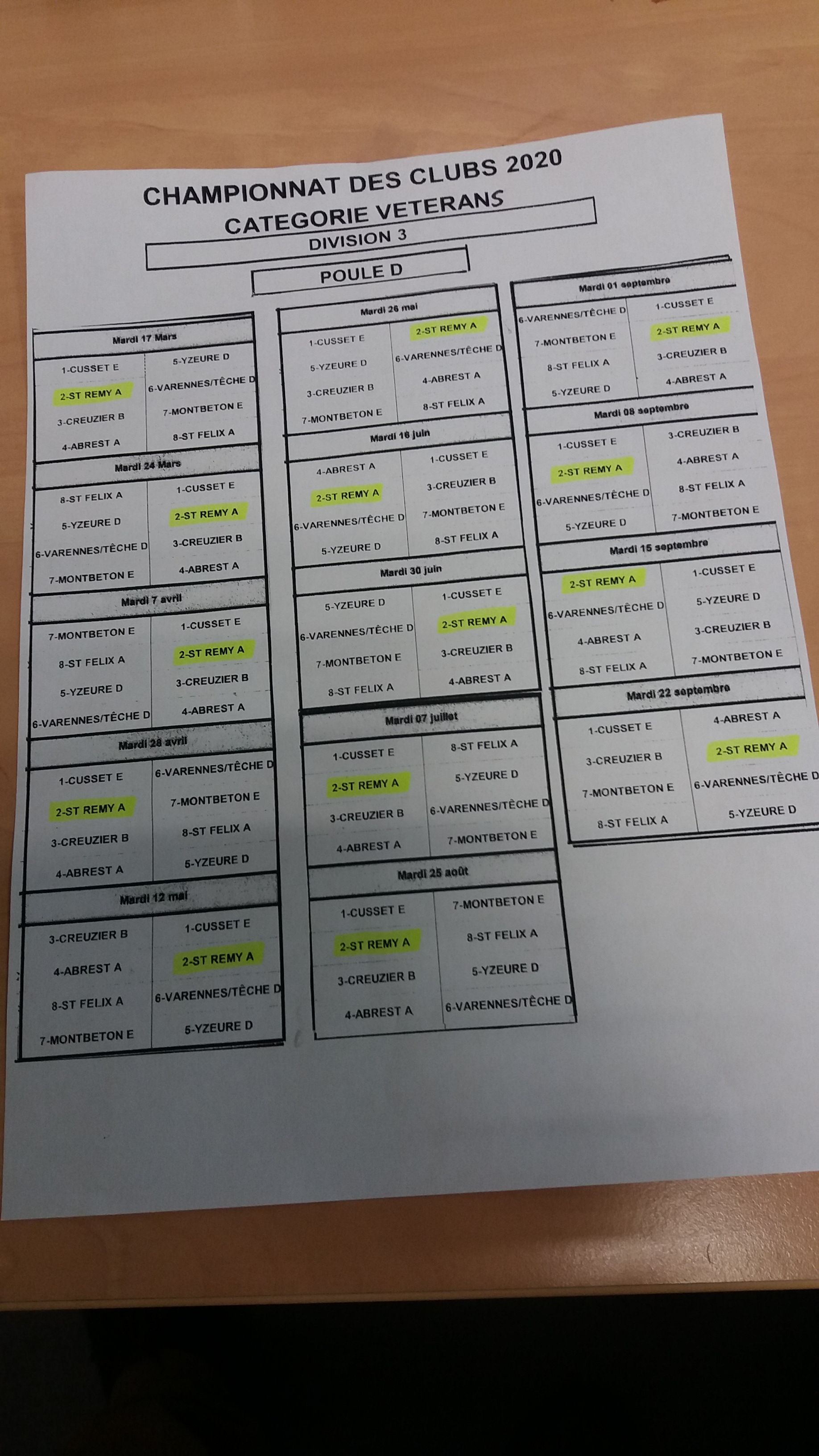 RECTIFICATIF DU TIRAGE DES RENCONTRES DE CHAMPIONNAT DES CLUBS VETERANS