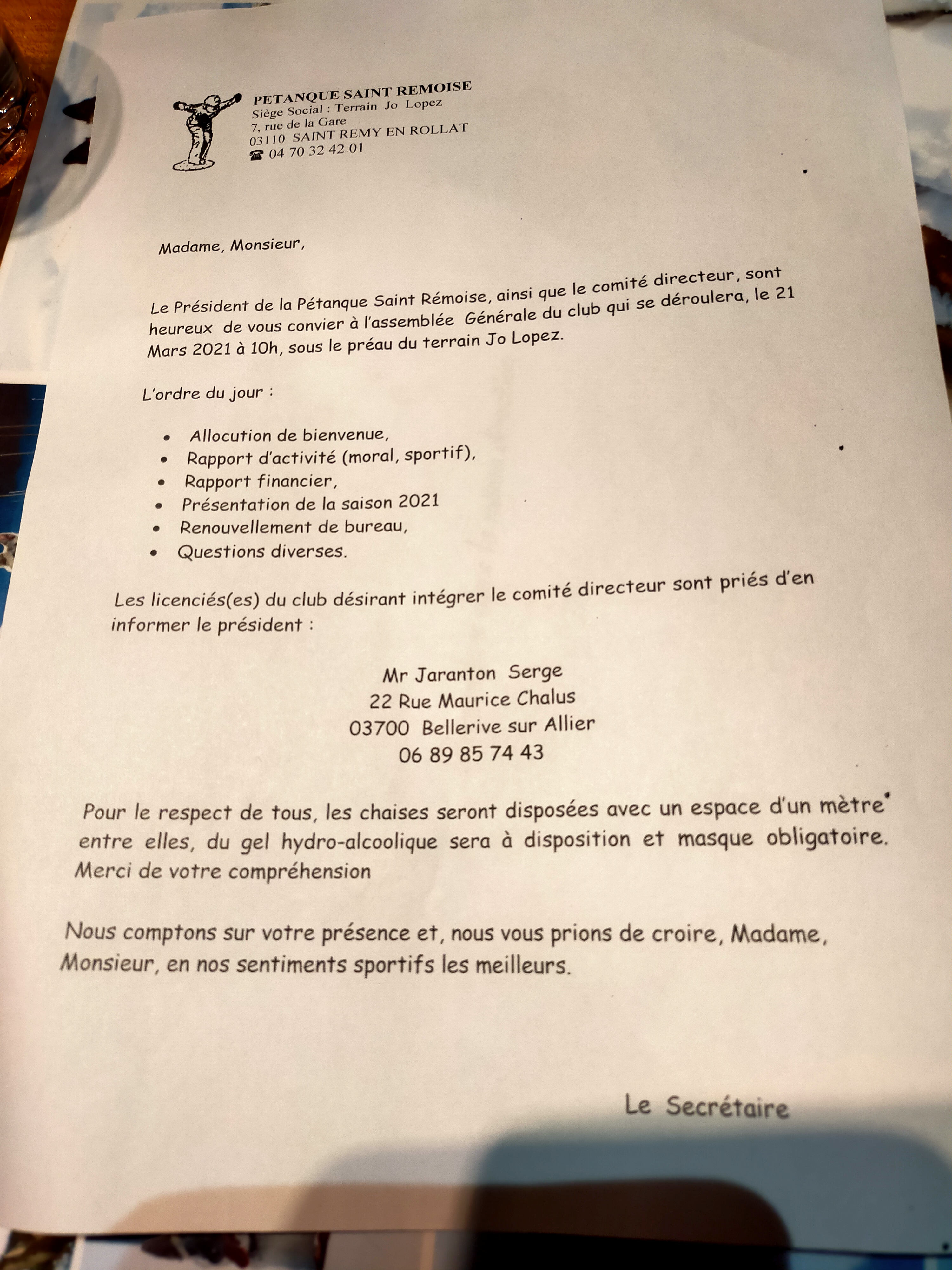 ASSEMBLEE GENERALE DU CLUB : DIMANCHE 21 MARS 2021 A 10h00 AU TERRAIN JO LOPEZ A SAINT REMY