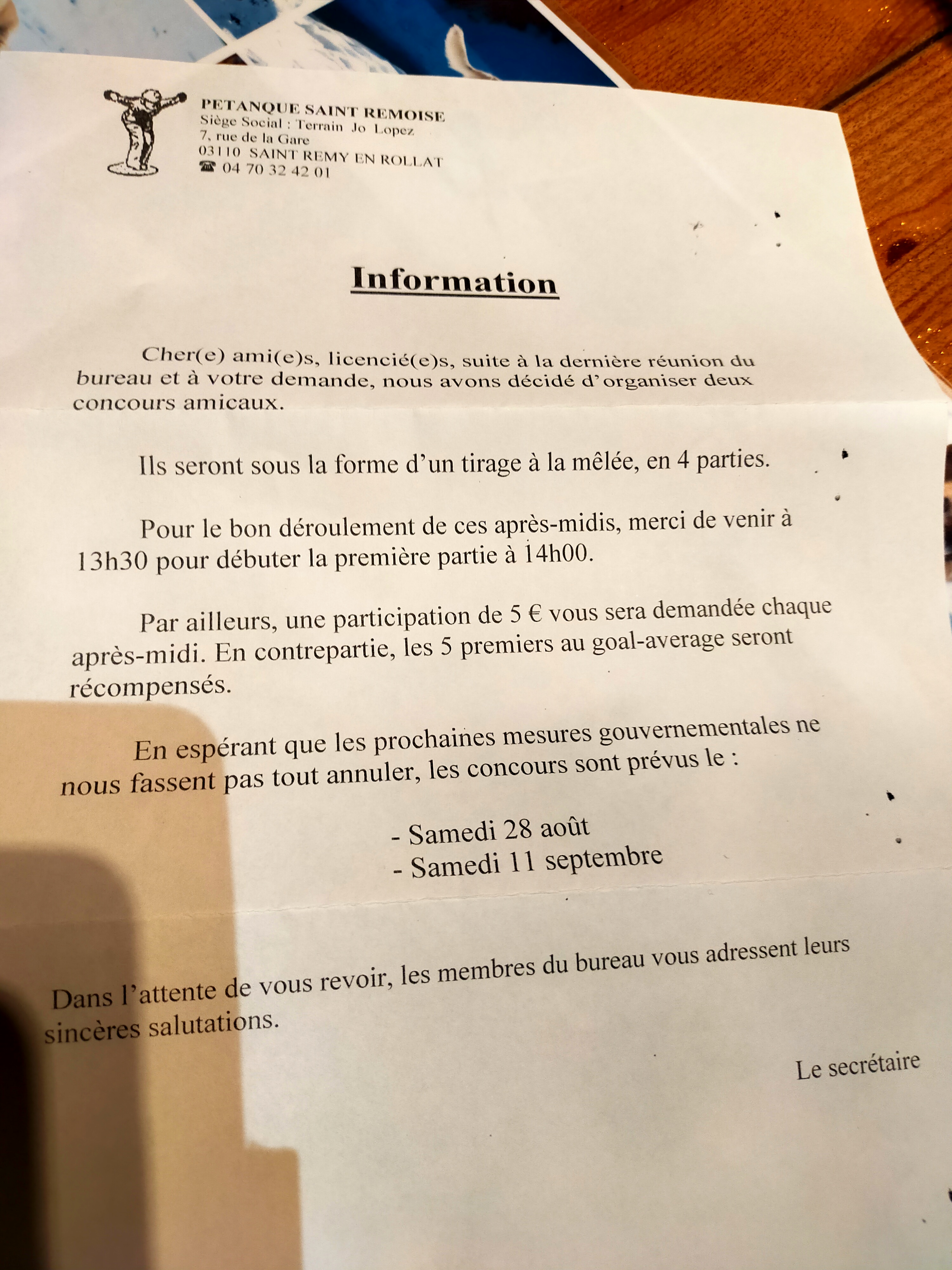 CONCOURS AMICAUX DES SAMEDI 24 AOUT ET 11 SEPTEMBRE