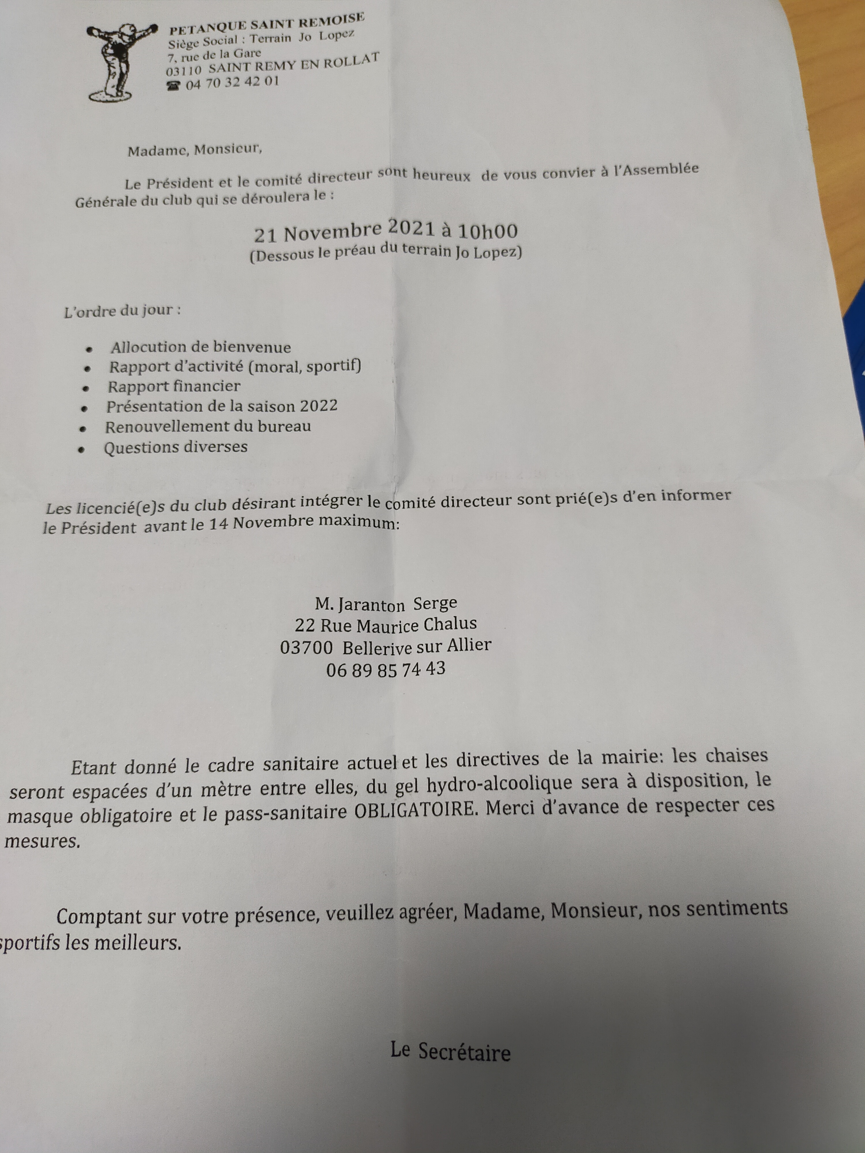 ASSEMBLEE GENERALE DU CLUB - DIMANCHE 21 NOVEMBRE 2021 A 10h00 AU TERRAIN JO LOPEZ A SAINT REMY