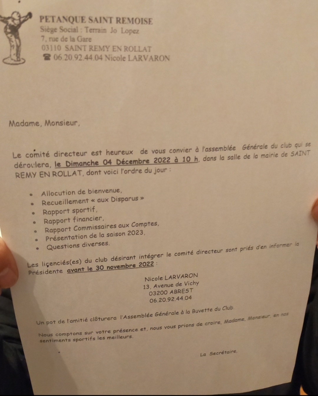 ASSEMBLÉE GÉNÉRALE DU CLUB - DIMANCHE 4 DÉCEMBRE 2022
