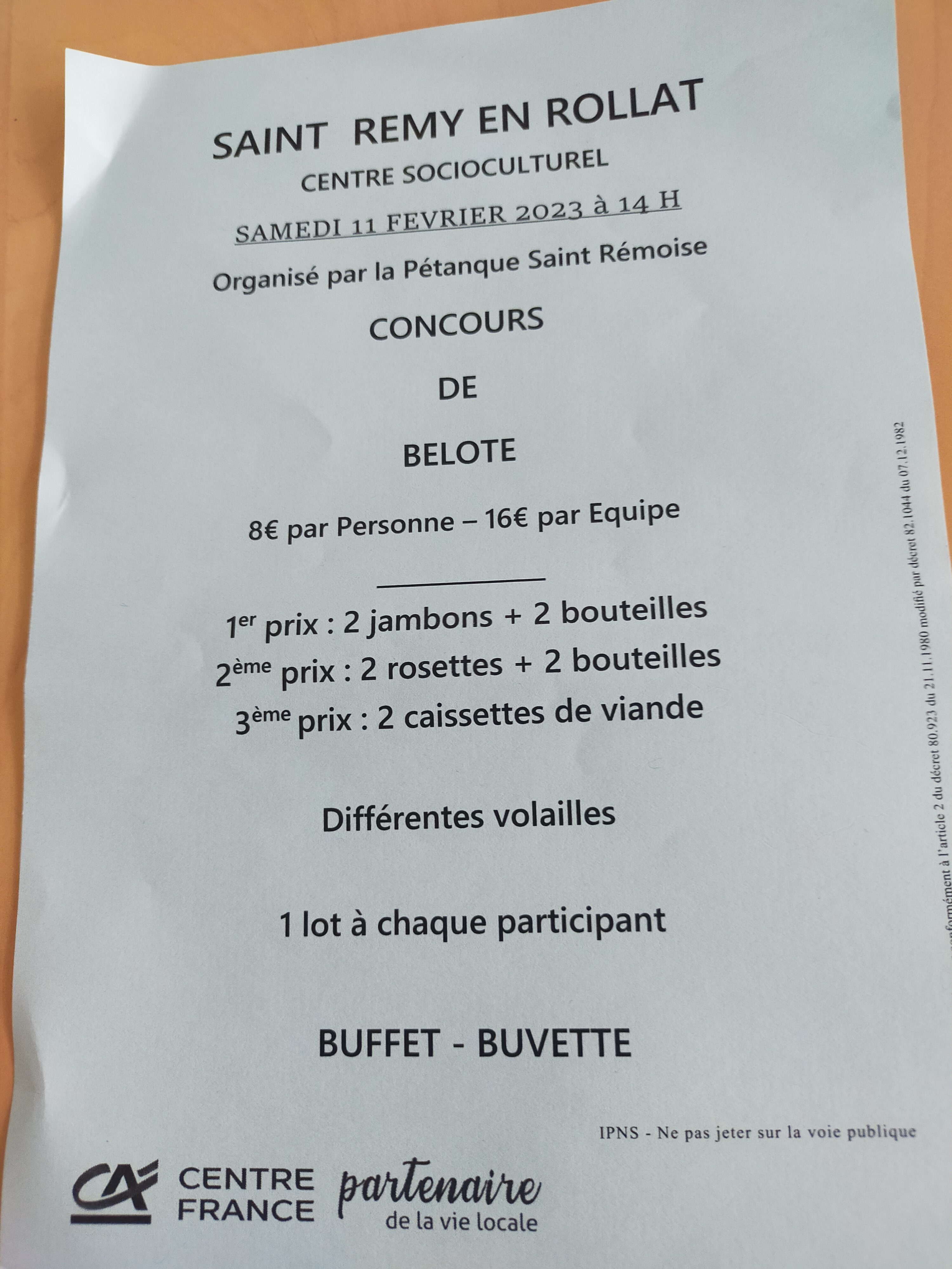 CONCOURS DE BELOTE DU SAMEDI 11 FÉVRIER 2023