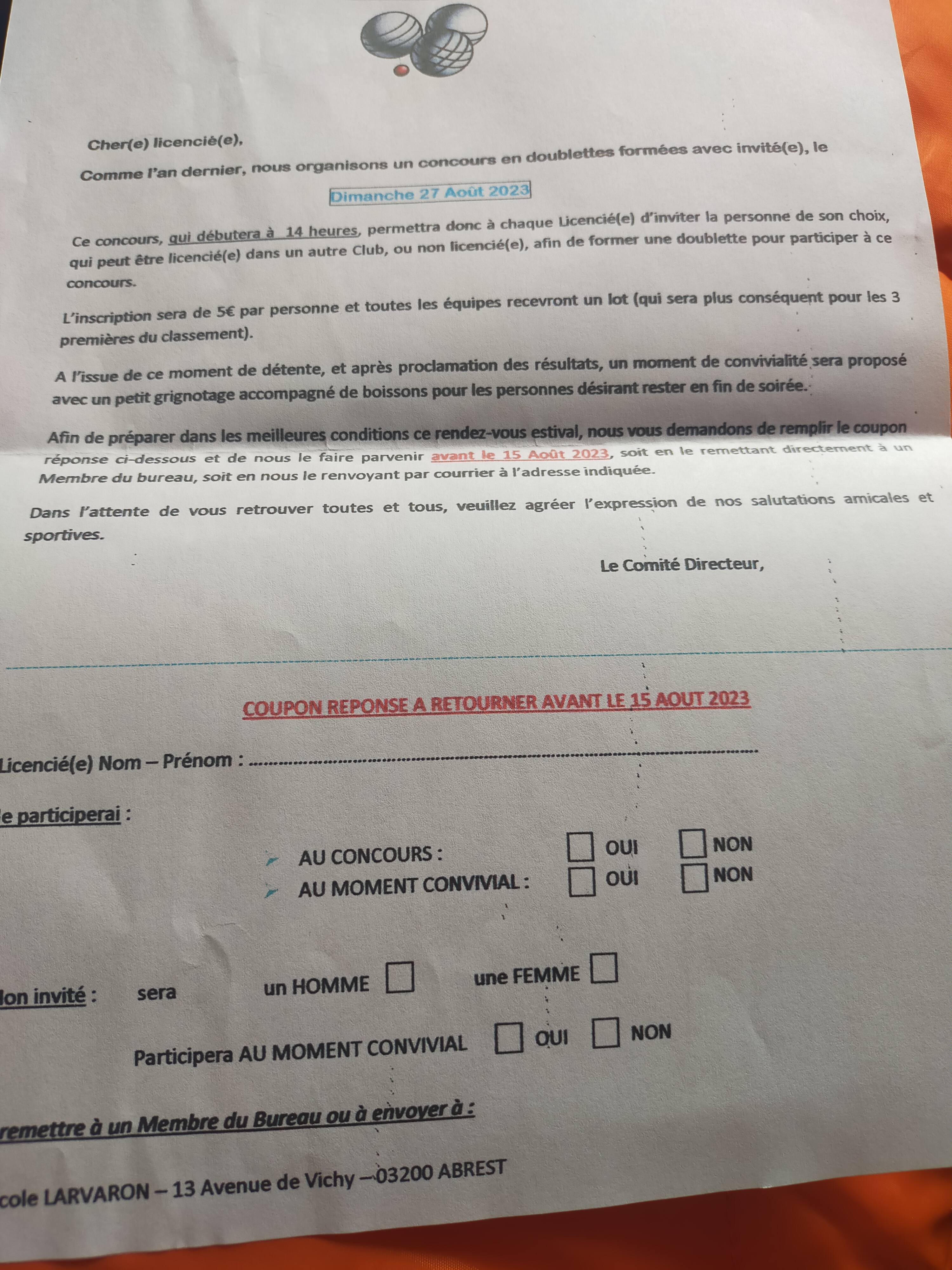 CONCOURS DOUBLETTES AVEC INVITÉ(E) DU DIMANCHE 27 AOUT 2023 CONCOURS DOUBLETTES AVEC INVITÉ(E) DU DIMANCHE 27 AOUT 2023