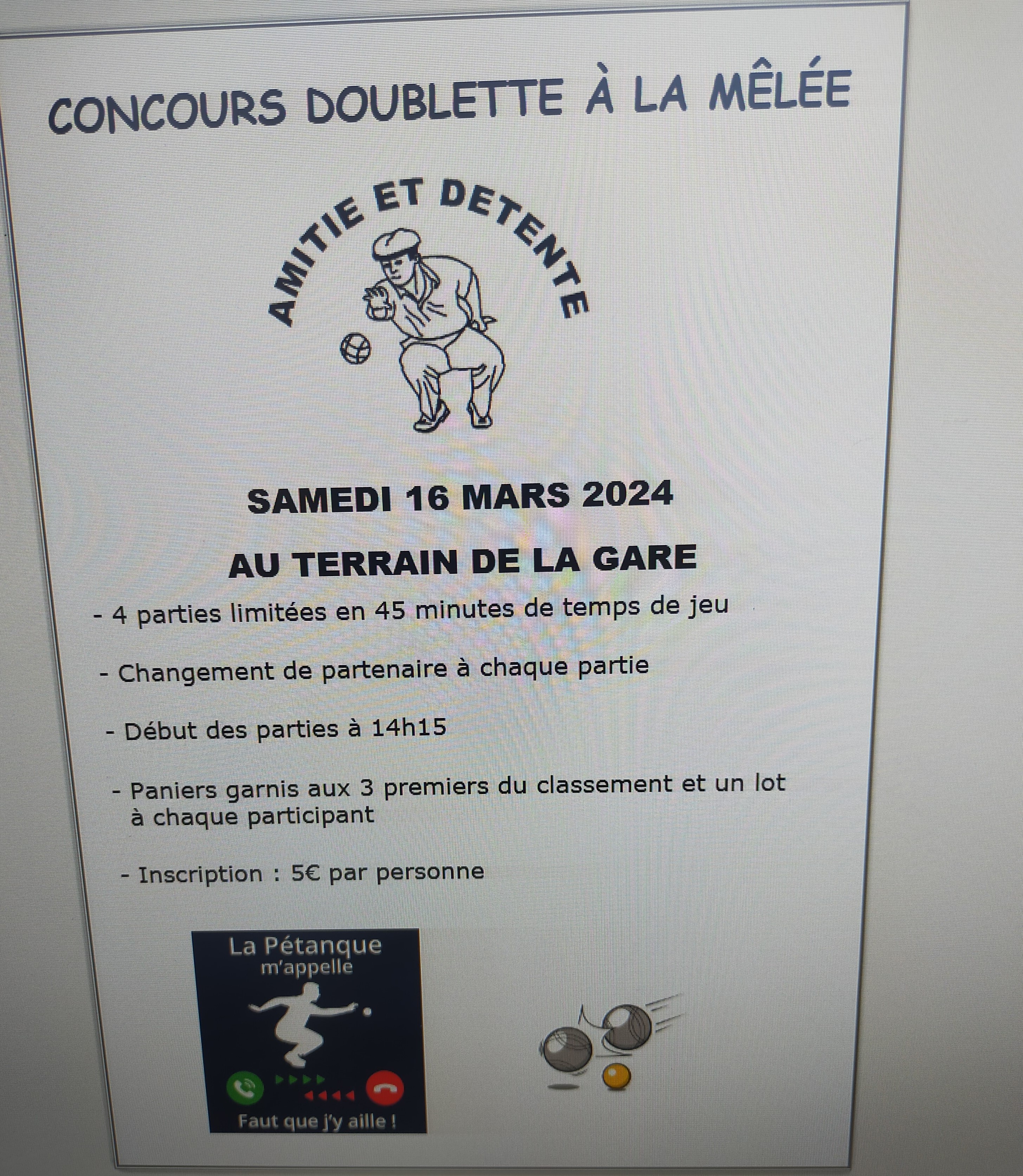 CONCOURS AMICAL DOUBLETTE A LA MELÉE - SAMEDI 16 MARS