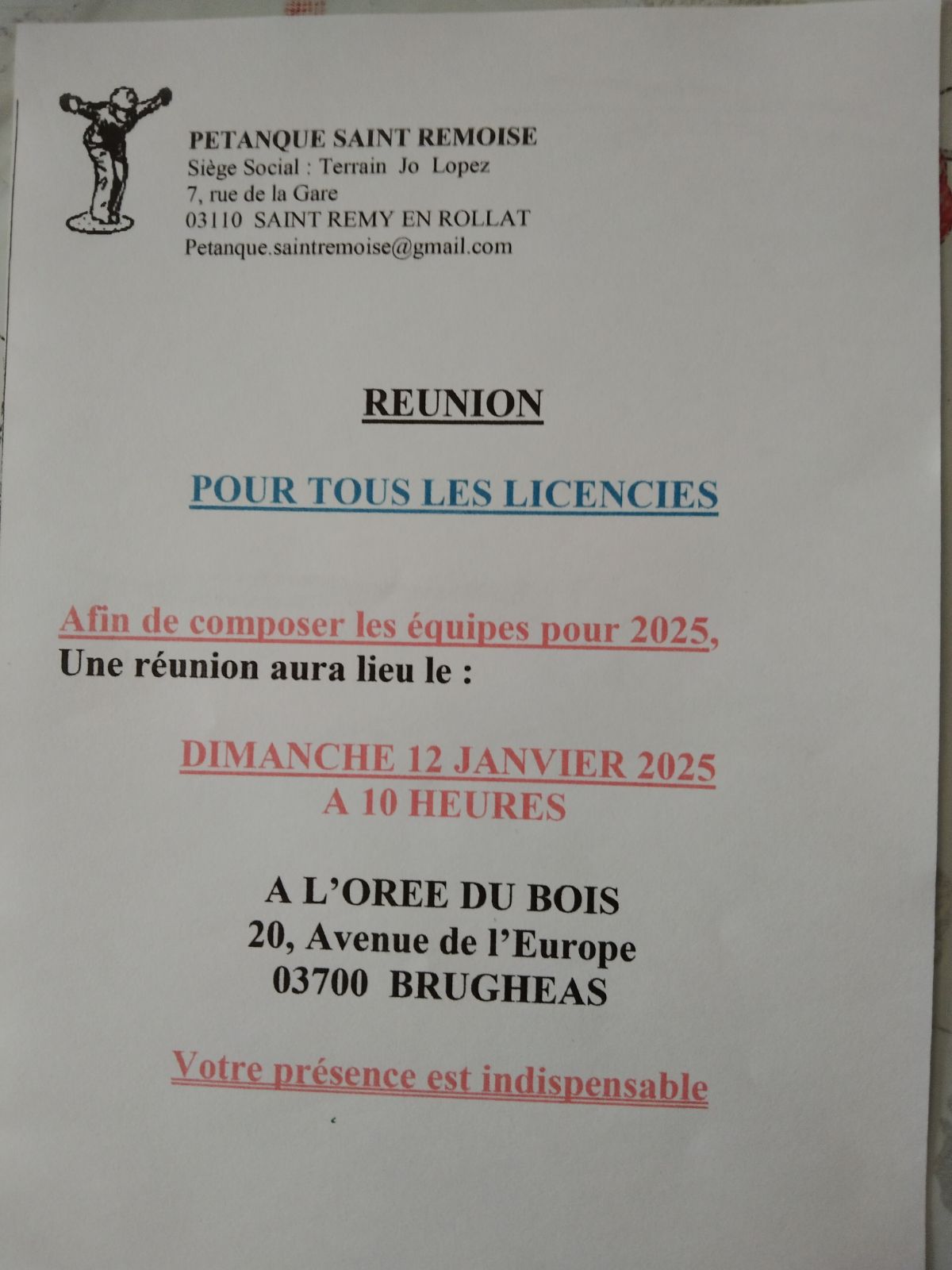 RÉUNION POUR LA COMPOSITION DES ÉQUIPES A ENGAGER DANS LES DIVERSES COMPÉTITIONS RÉUNION POUR LA COMPOSITION DES ÉQUIPES A ENGAGER DANS LES DIVERSES COMPÉTITIONS