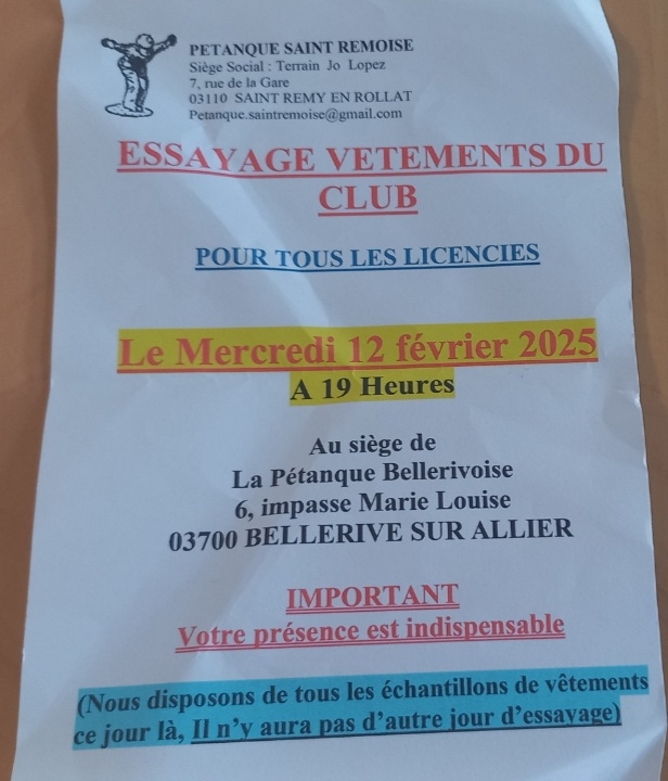 ESSAYAGE DE LA NOUVELLE GAMME DE VÊTEMENTS DU CLUB - MERCREDI 12/02 ESSAYAGE DE LA NOUVELLE GAMME DE VÊTEMENTS DU CLUB - MERCREDI 12/02