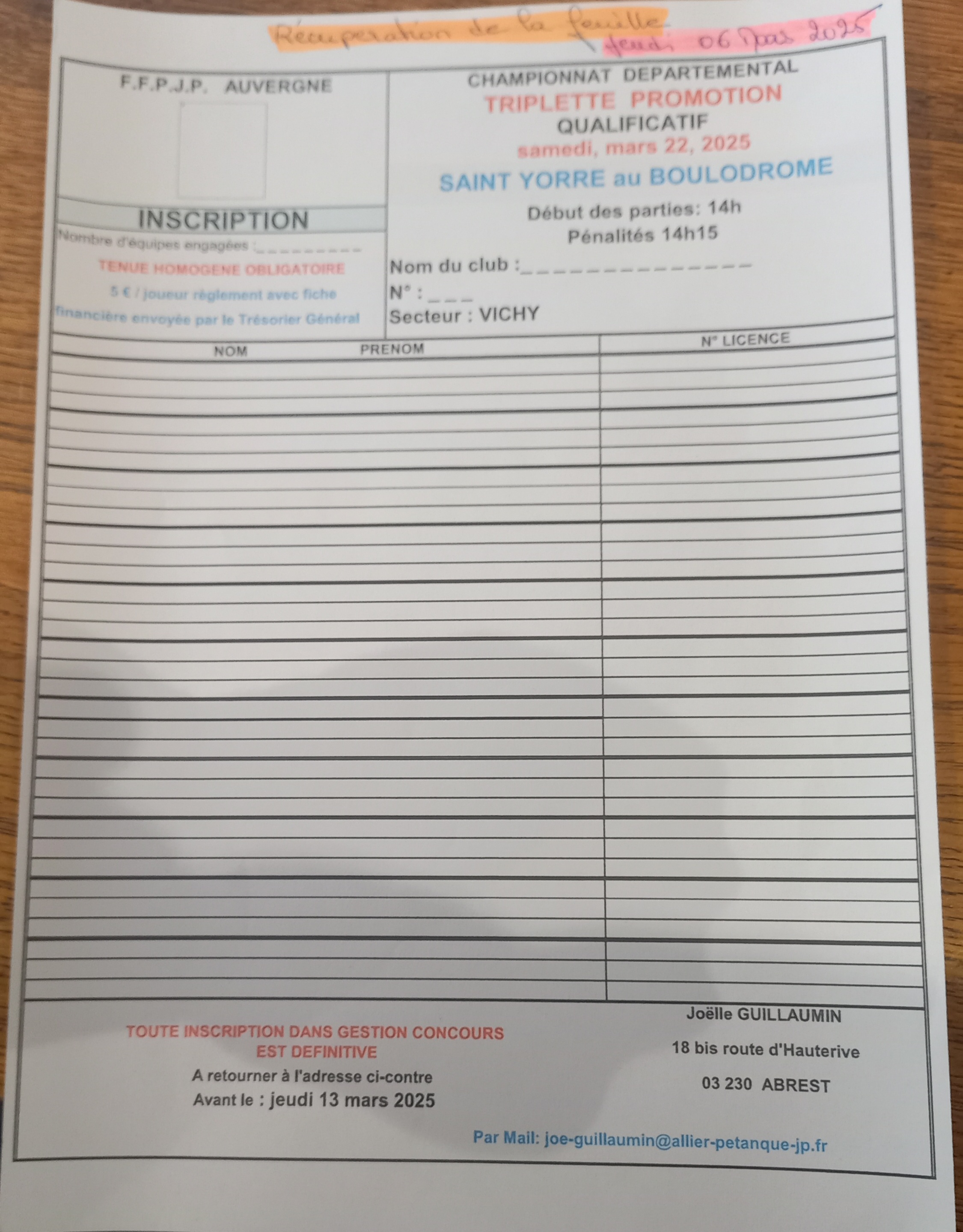 INSCRIPTIONS DES LICENCIÉS AUX DIVERS CHAMPIONNATS D'ALLIER