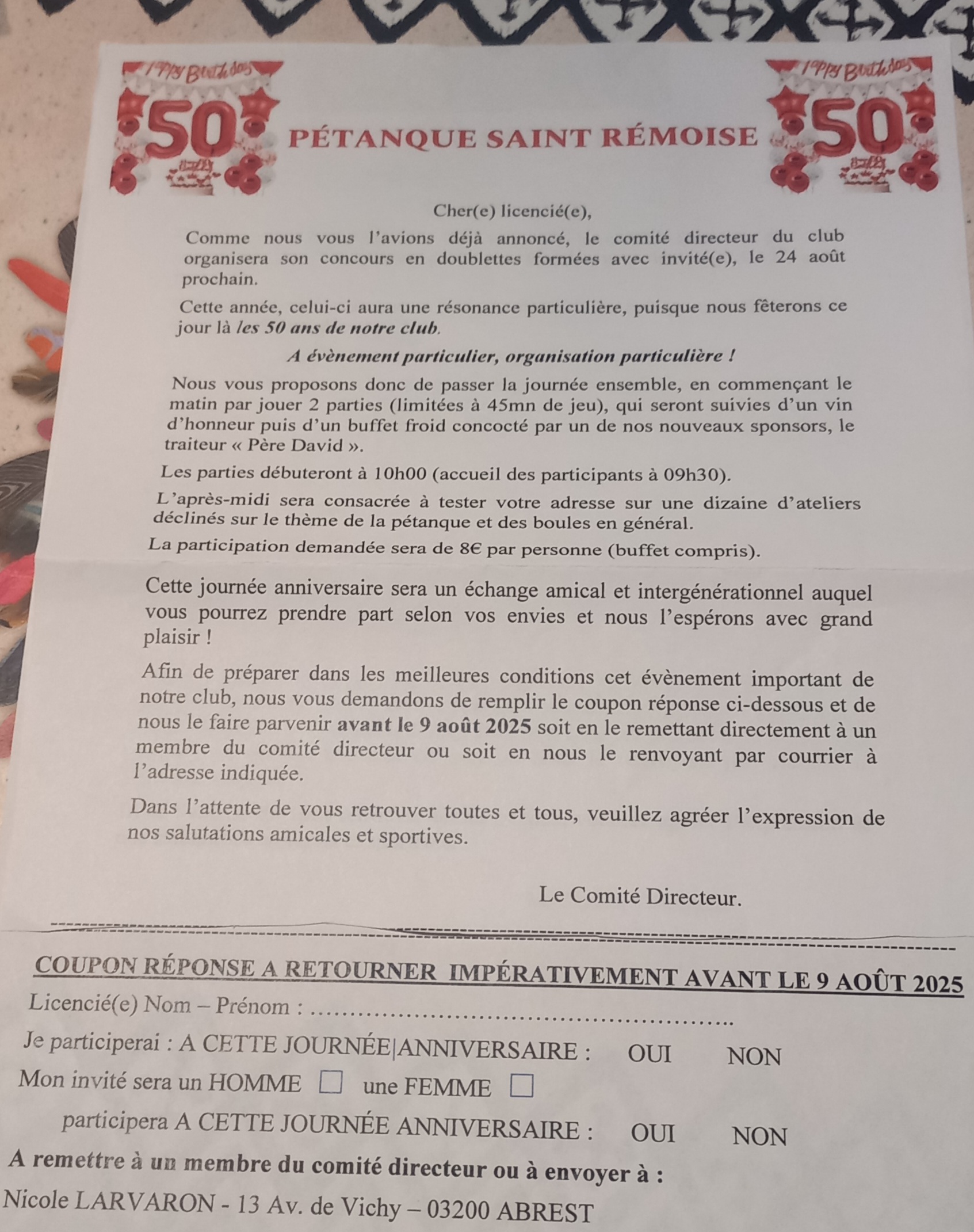 INSCRIPTIONS A LA JOURNÉE DES 50 ANS DU CLUB - 24 AOÛT 2025 INSCRIPTIONS A LA JOURNÉE DES 50 ANS DU CLUB - 24 AOÛT 2025