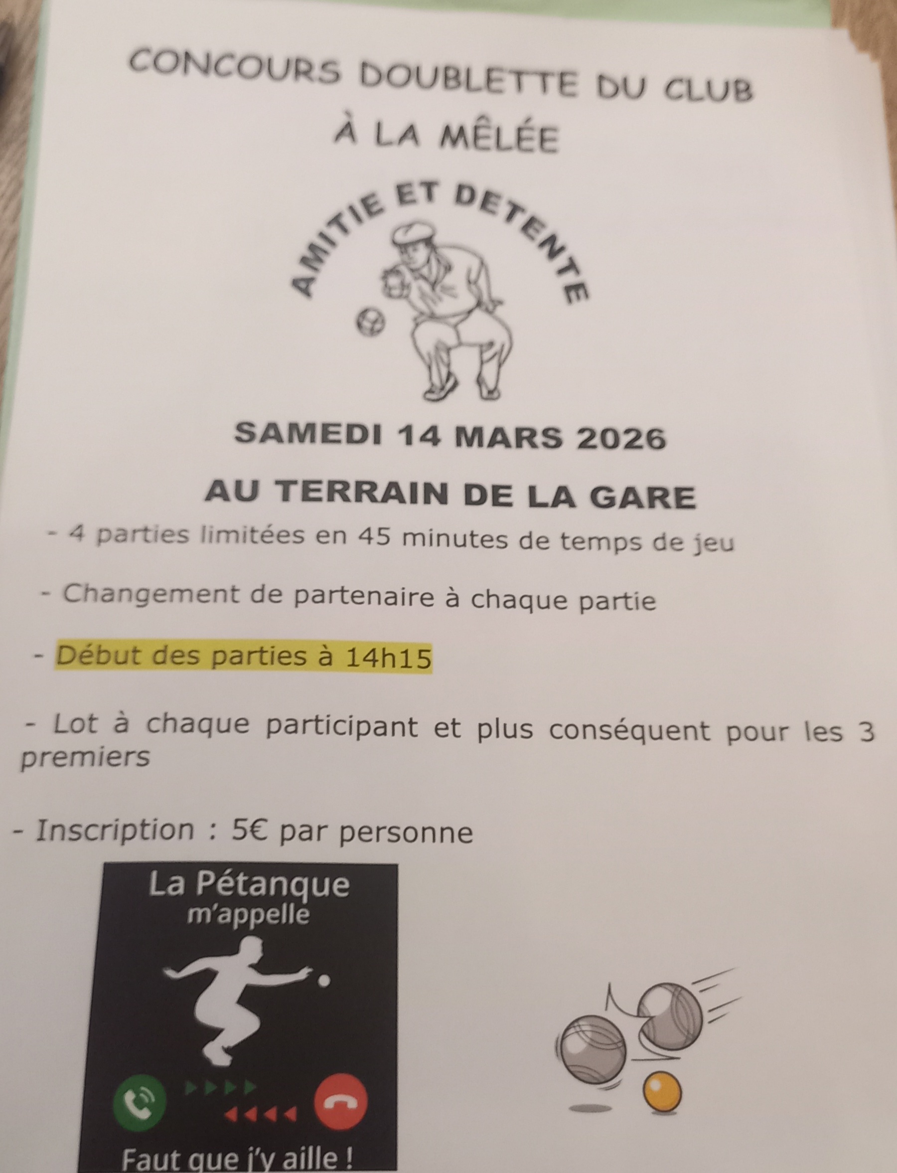 CONCOURS DOUBLETTE  DU CLUB A LA MÊLÉE DU SAMEDI 14 MARS 2026