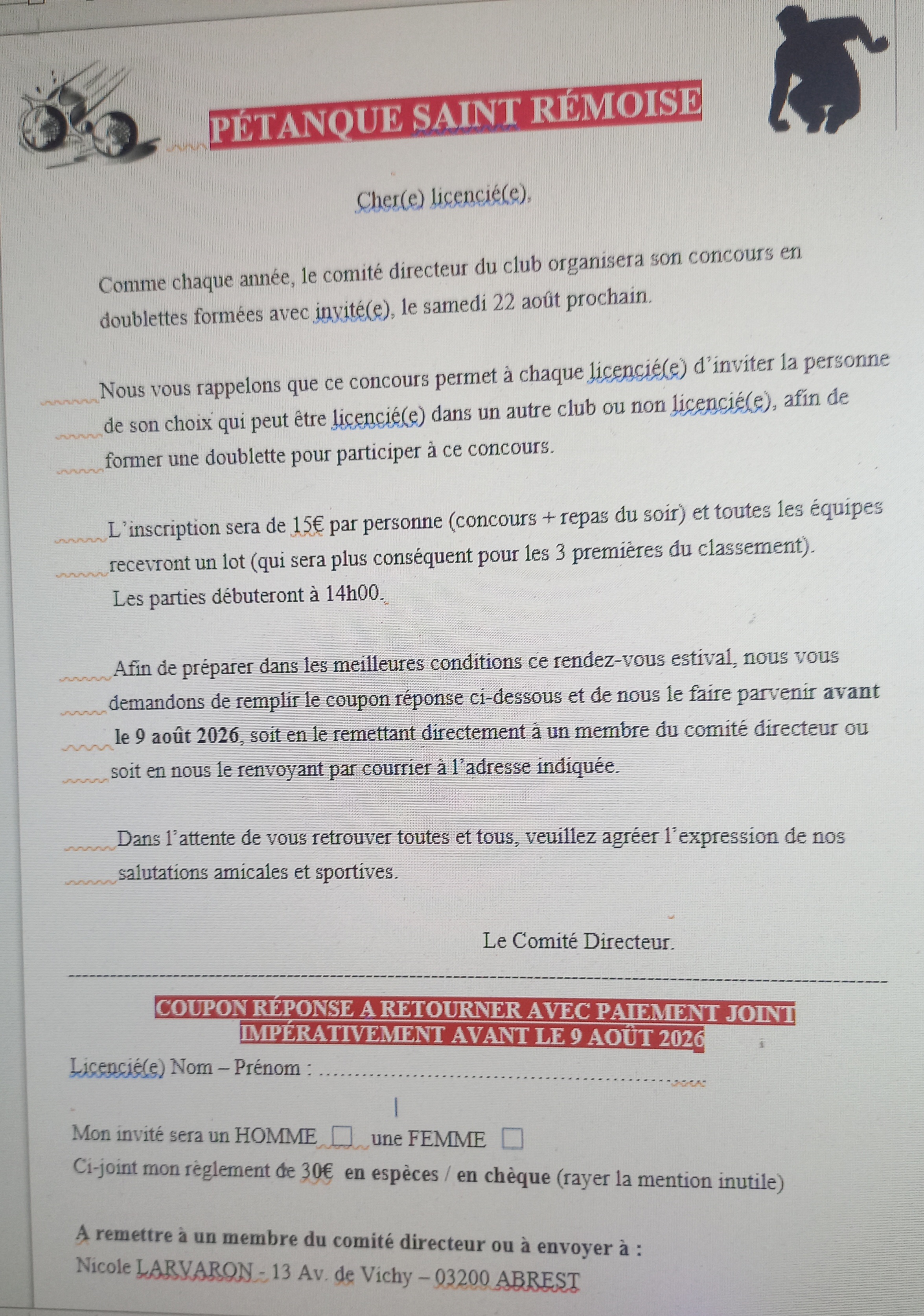 CONCOURS AMICAL DOUBLETTE AVEC INVITÉ(E) DU SAMEDI 22 AOÛT 2026