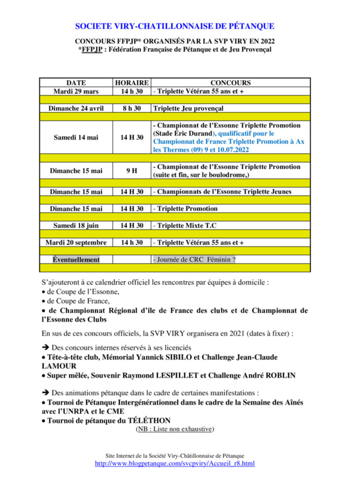 Calendriers Societe Viry Chatillonnaise De Petanque Calendrier Petanque Essonne 2022