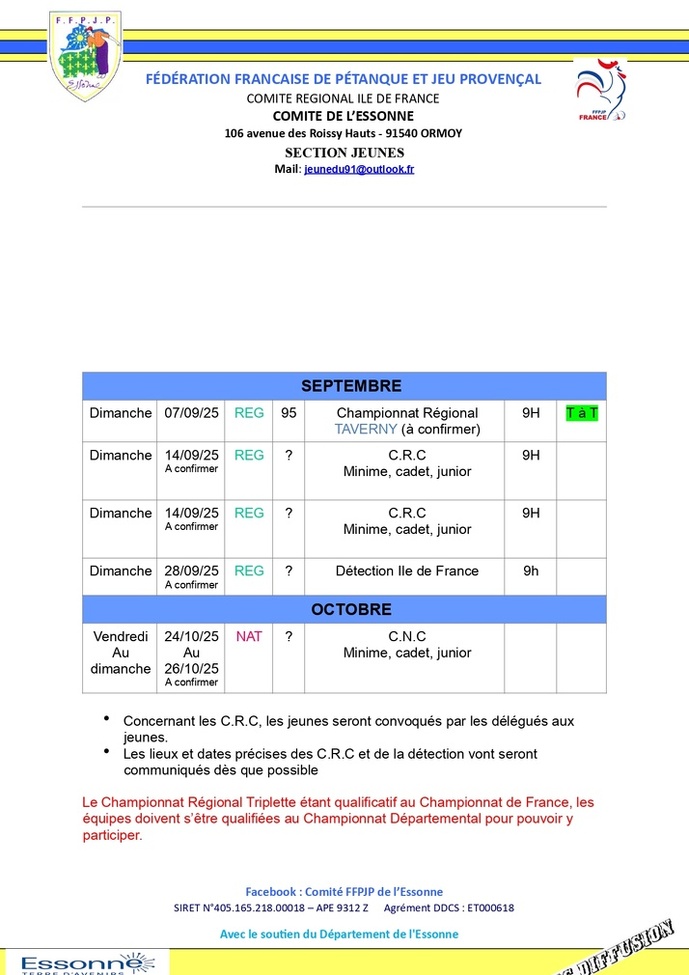 Calendrier Jeunes 2025