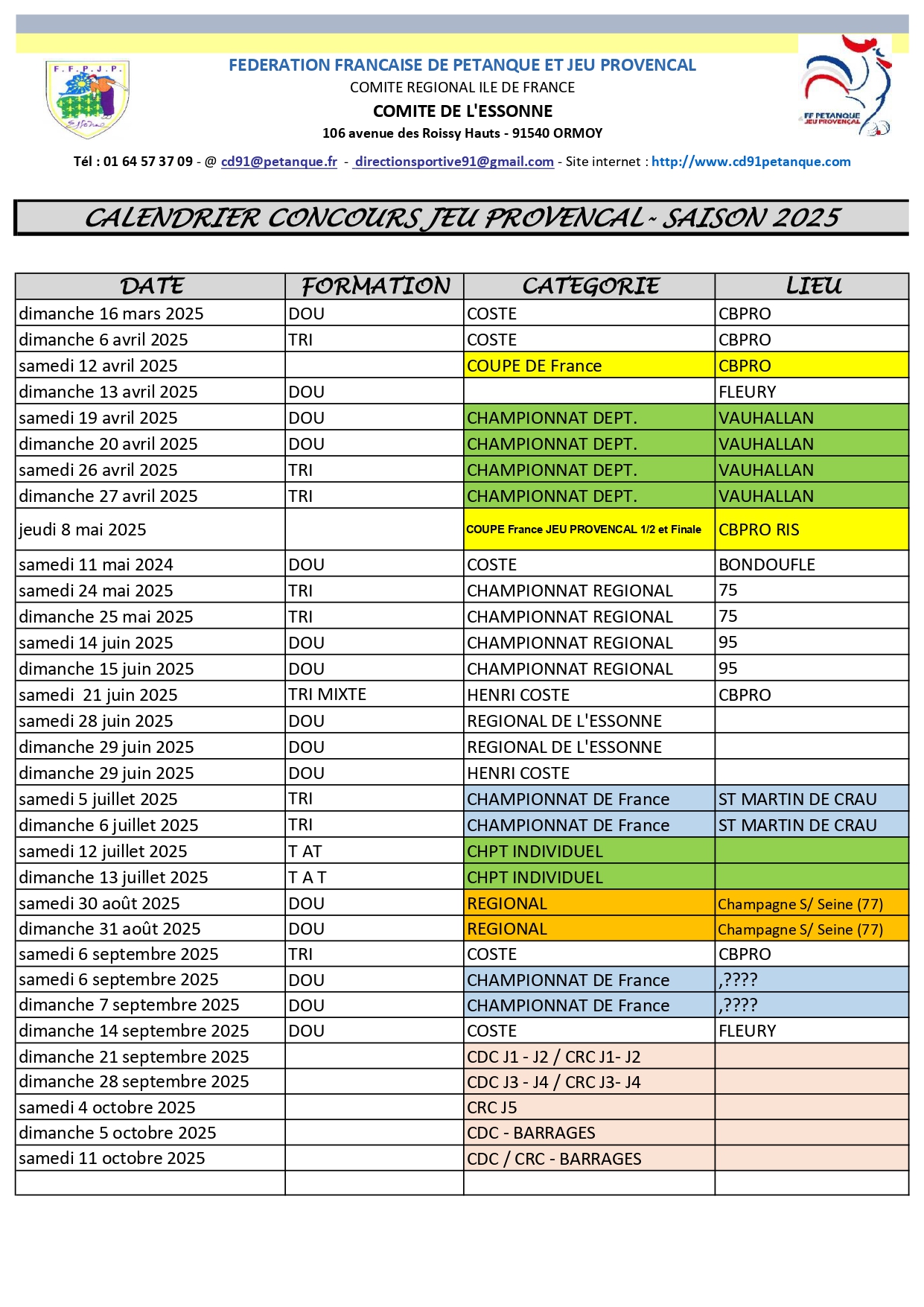 Calendrier Jeu Provençal 2025