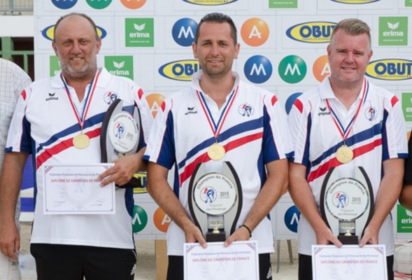 Les champions de France triplettes Jeu Provençal 2015 > Frédéric TORRES, Téodorico ANTIGO et Loïc CEYTE