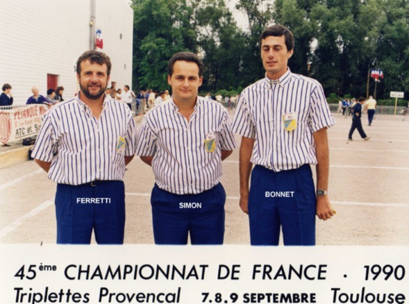 1er France triplettes au Jeu Provençal en 1990 perdu en 1/8 contre BIEL - GOURRAT - LAJARIGE du 30