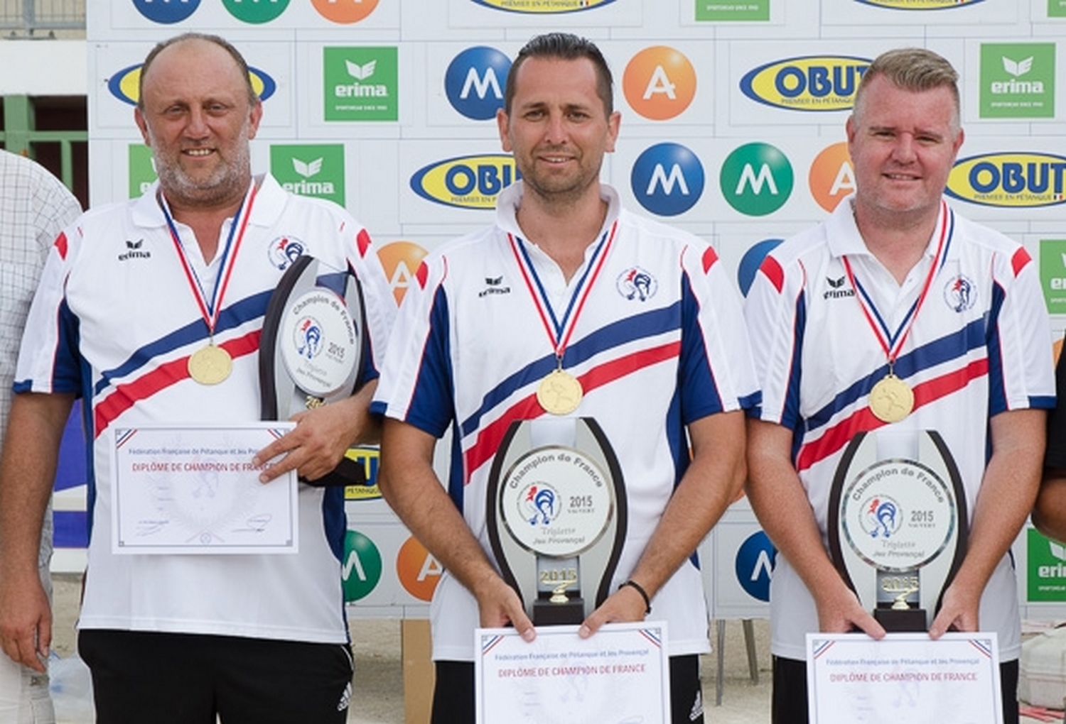 Les champions de France triplettes Jeu Provençal 2015 > Frédéric TORRES, Téodorico ANTIGO et Loïc CEYTE Les champions de France triplettes Jeu Provençal 2015 > Frédéric TORRES, Téodorico ANTIGO et Loïc CEYTE