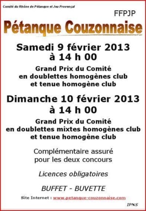 GPCOM et GPMIX des 9 et 10 février Pétanque Couzonnaise GPCOM et GPMIX des 9 et 10 février Pétanque Couzonnaise