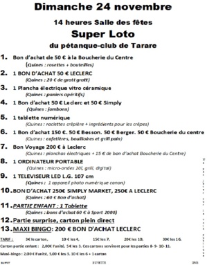 SUPER LOTO LE 24 NOVEMBRE 2013 A 14 HEURES SALLE DES FÊTES DE TARARE SUPER LOTO LE 24 NOVEMBRE 2013 A 14 HEURES SALLE DES FÊTES DE TARARE