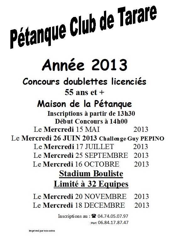 Calandrier Concours Doublettes vétérans