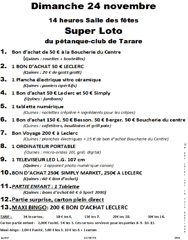 SUPER LOTO LE 24 NOVEMBRE 2013 A 14 HEURES SALLE DES FÊTES DE TARARE