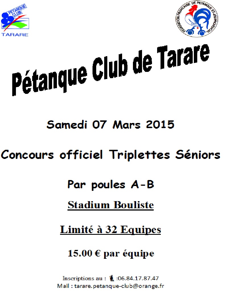 Concours Triplette Séniors officiel le 07 Mars 2015
