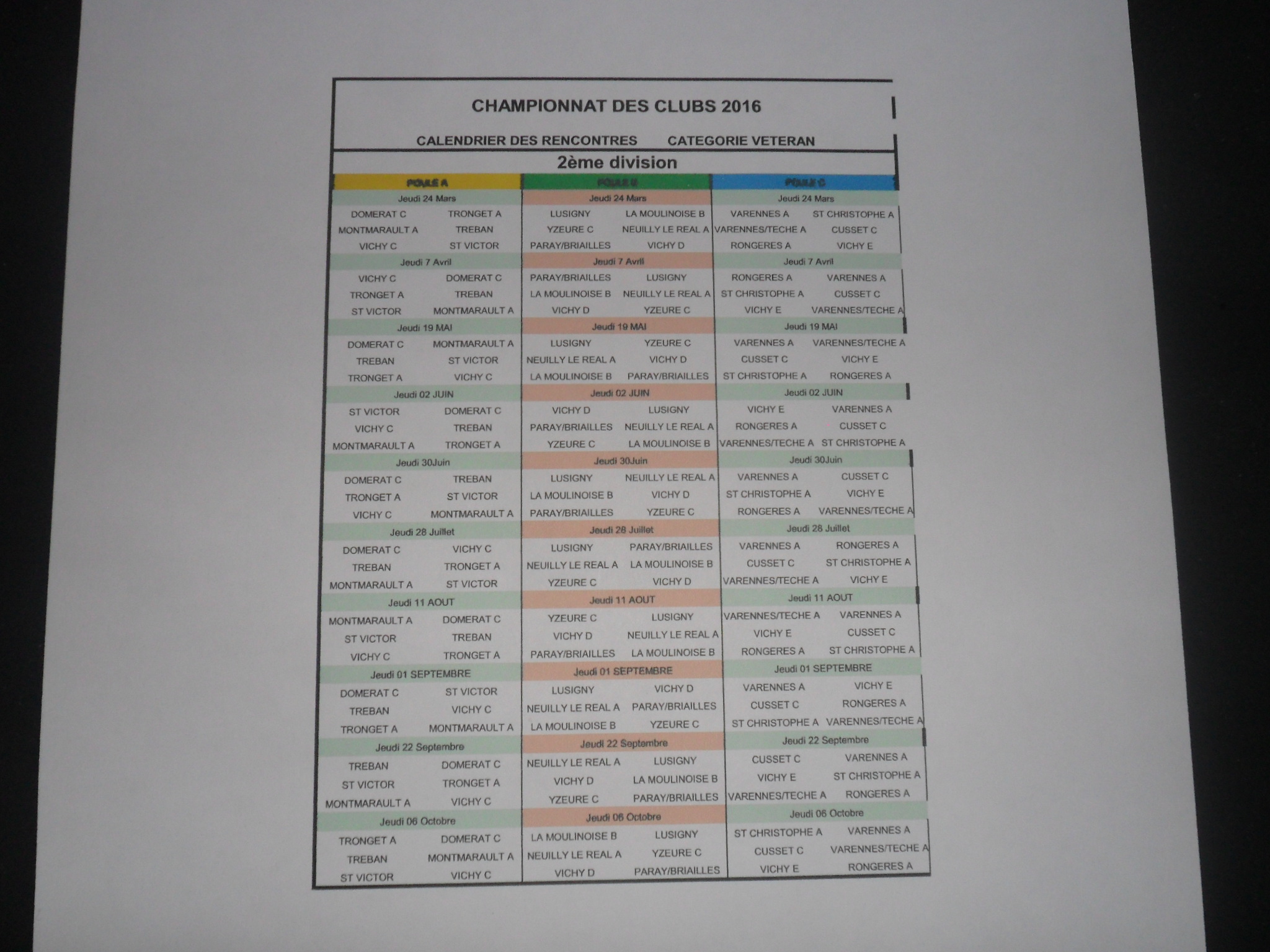 Calendrier rencontres Vétérants 2éme Division