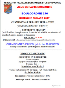 Affiche Championnat Ligue TaT Masculin et Doublette Féminin du Dimanche 5 Mars