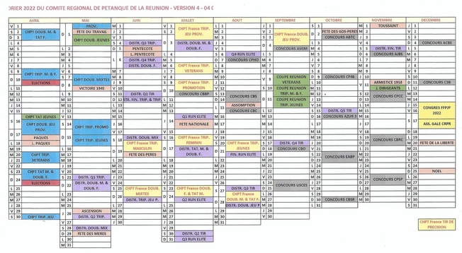 CALENDRIER 2022 REUNION et zone sud