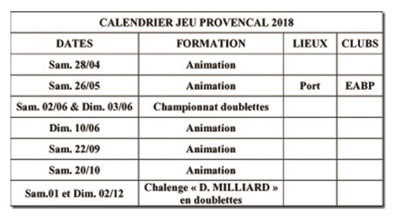 CALENDRIER JEU PROVENCAL 2018 CALENDRIER JEU PROVENCAL 2018