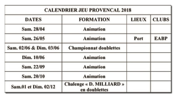 CALENDRIER JEU PROVENCAL 2018