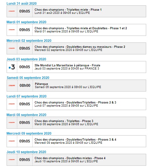 DIFFUSIONS PETANQUE TELEVISION