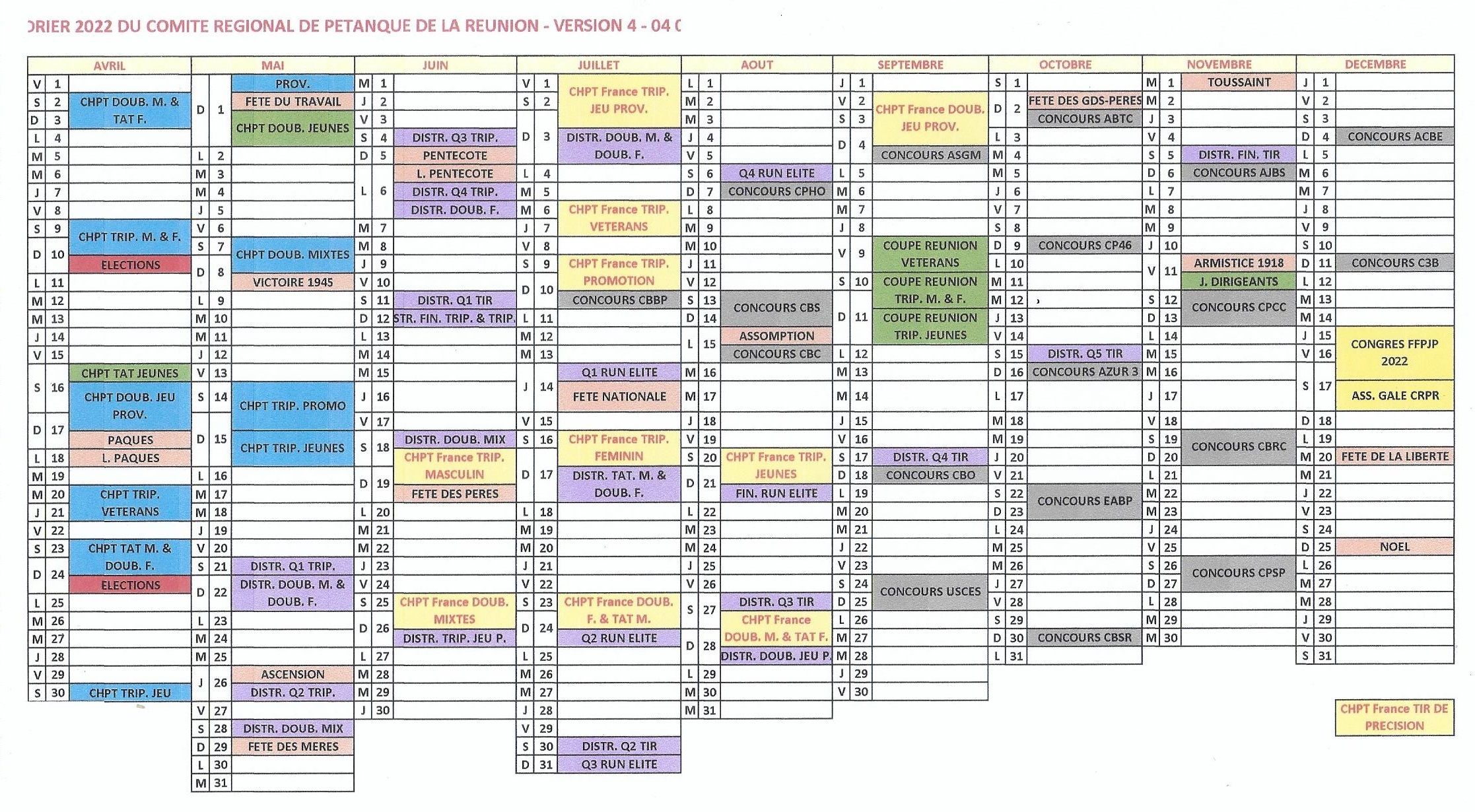 CALENDRIER 2022 REUNION et zone sud